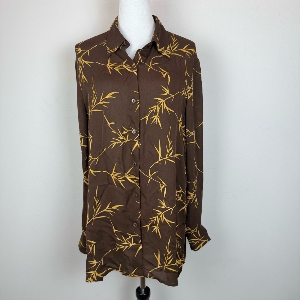 Neiman Marcus Women’s 100% Silk‎ Button Down Blouse Brown Bamboo Print Size 14